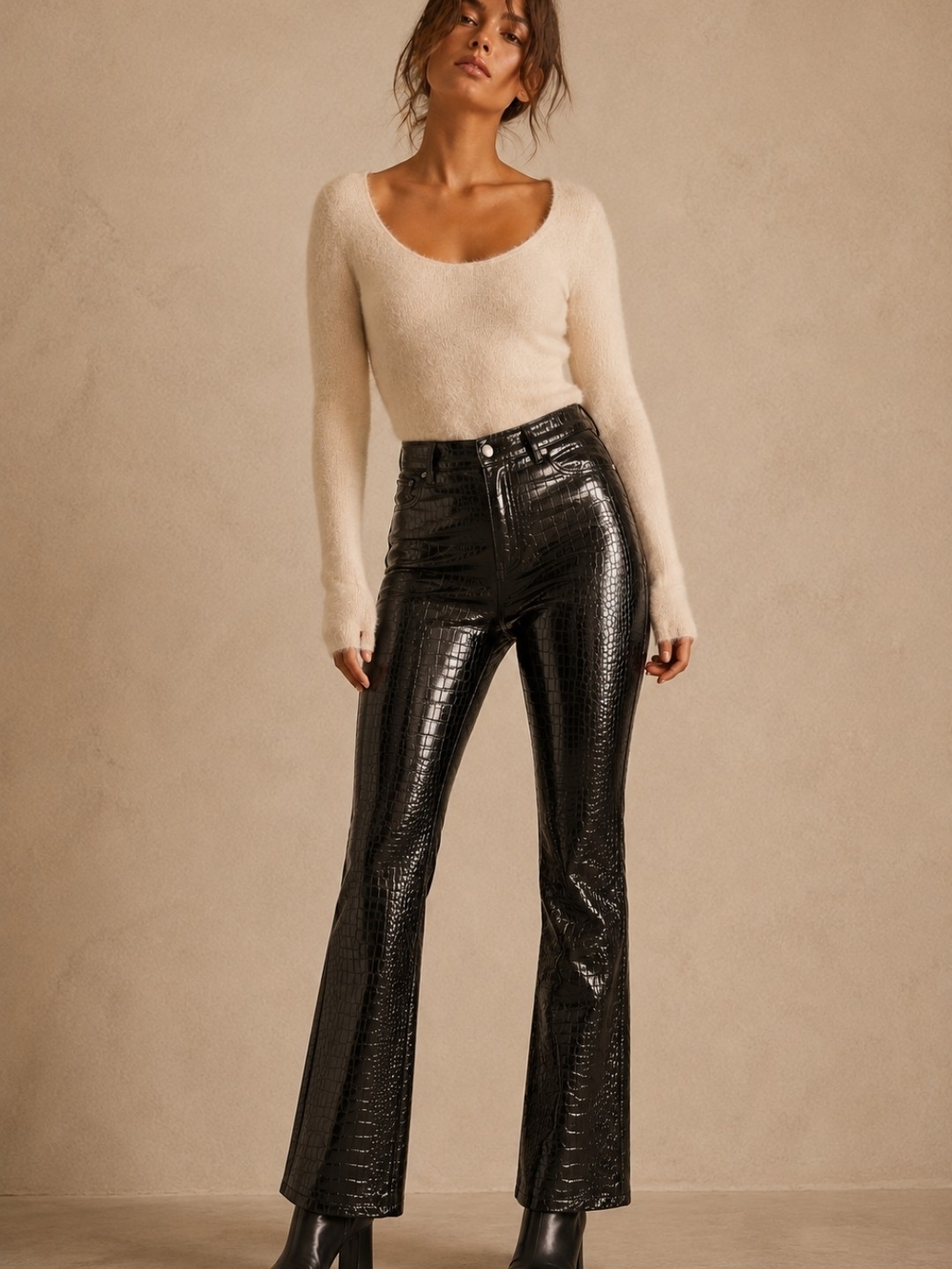 Motel Rocks NWT Black Croc Embossed Faux Leather Flare Pants Medium 28x31